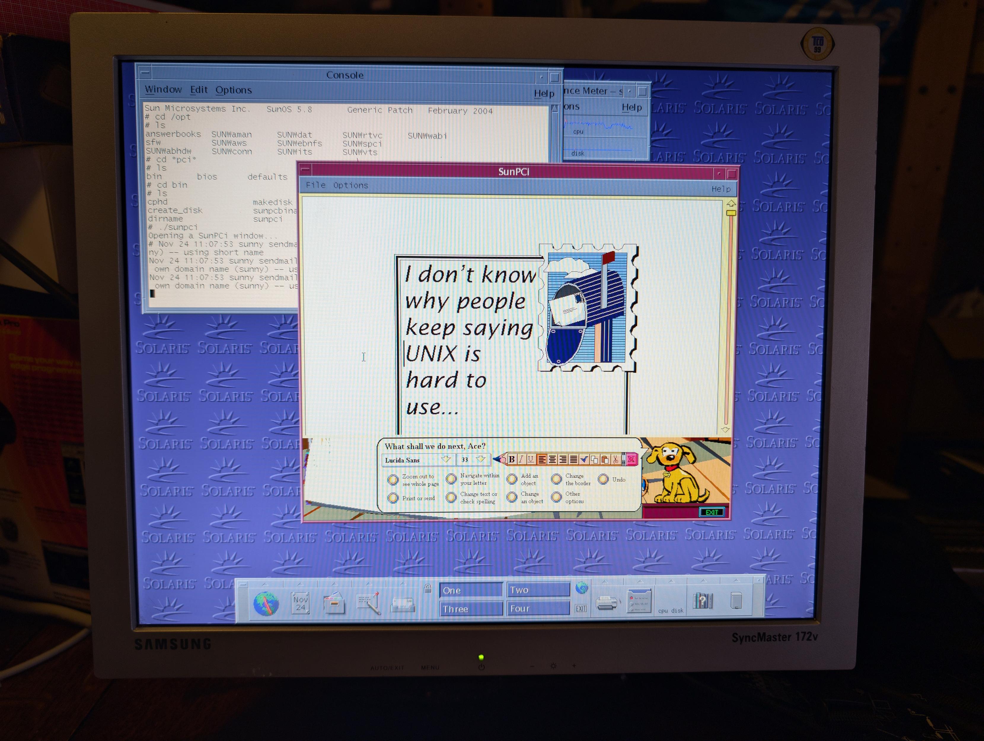A photo of a screen showing a Sun CDE desktop, on the desktop is a SunPCi window. In the SunPCi session there's a Microsoft Bob session running. The Bob letter writer is running, and it is showing the text "I don't know why people keep saying Unix is hard to use..."
