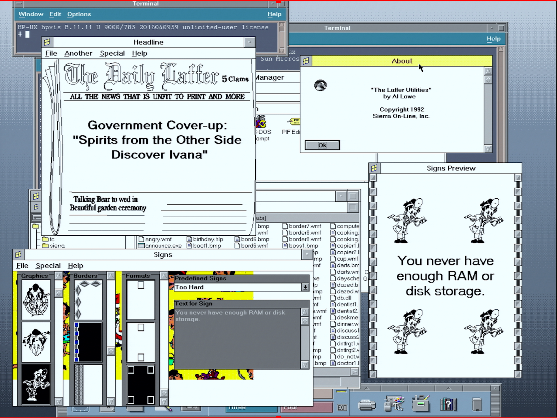 A screenshot of a CDE desktop running on HP-UX 11iv1.

The desktop is showing various "Laffer Utilities" running. Parody programs from the mid 90s parodying the Norton Utilities.