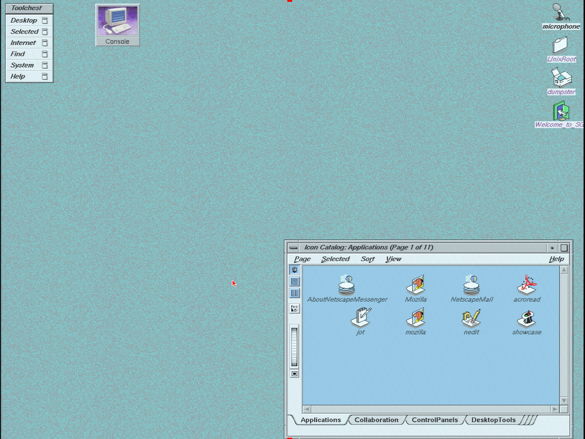 A screenshot of the default IRIX desktop.
IT is very teal, and also majestic.
You had to be there.